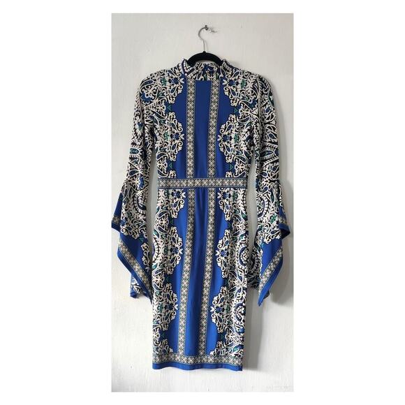 Venus Blue Floral High Neck Dress Size XS Exaggerated Sleeve - Picture 1 of 5